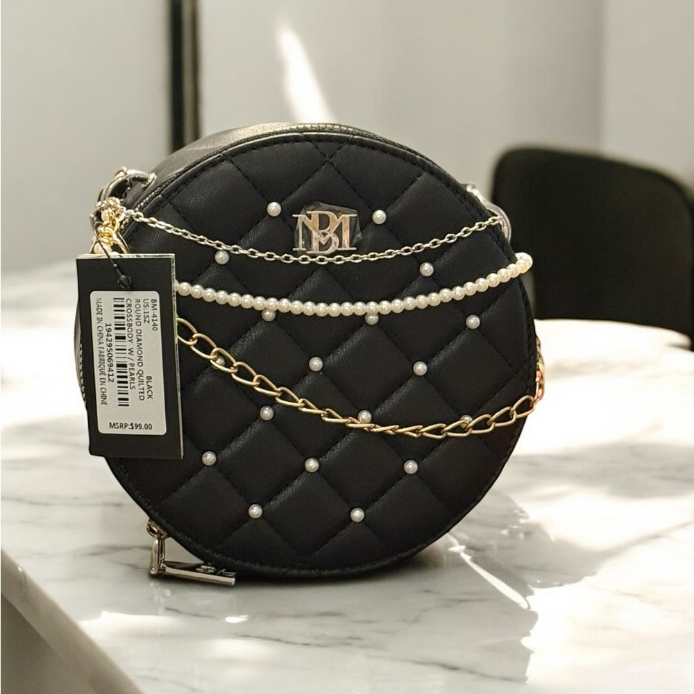 Elegant Black Quilted Badgley Mischka Round Bag with Pearl and Chain Accents